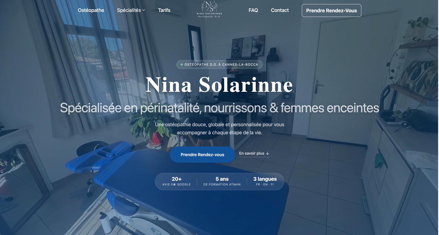 Site internet Nina Solarinne, ostéopathe D.O. — création site vitrine avec SEO local